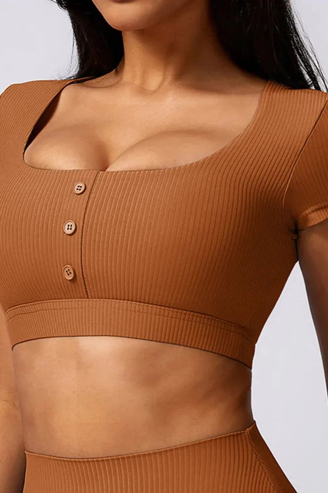 Ribbed Buttoned Yoga Crop Top