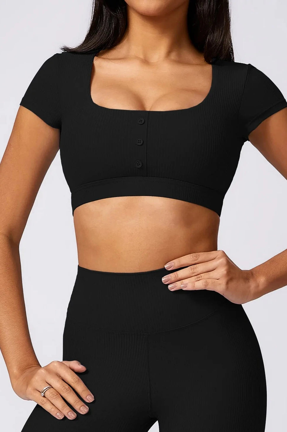 Ribbed Buttoned Yoga Crop Top