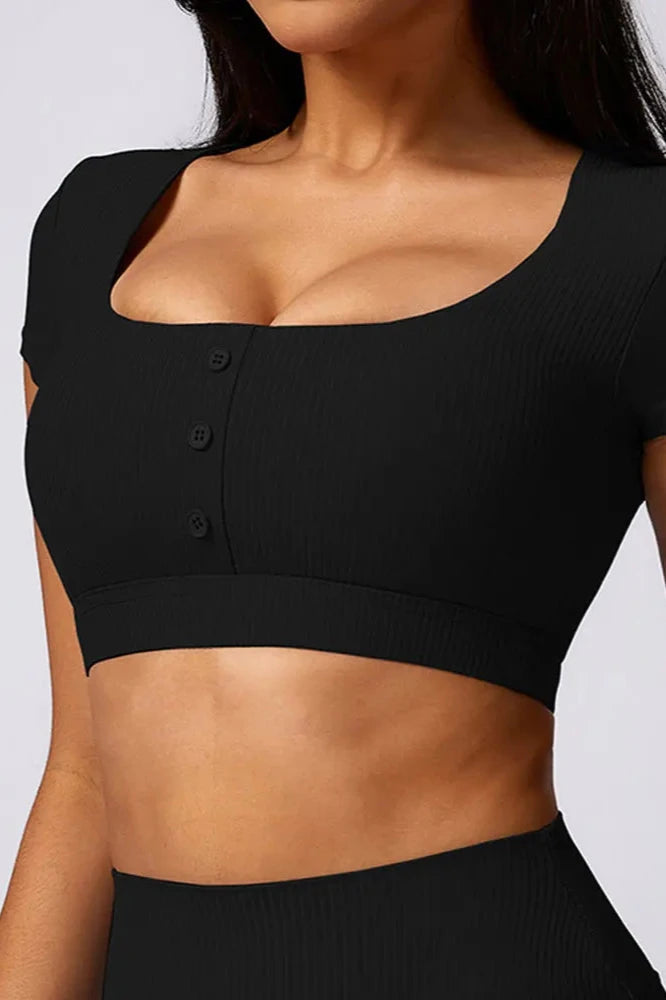 Ribbed Buttoned Yoga Crop Top