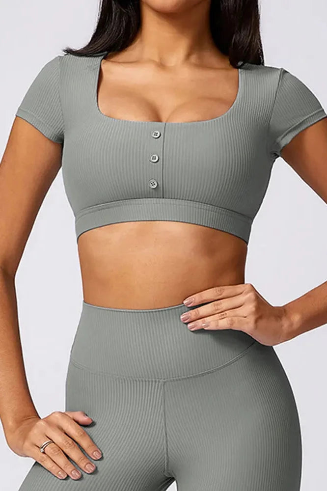 Ribbed Buttoned Yoga Crop Top