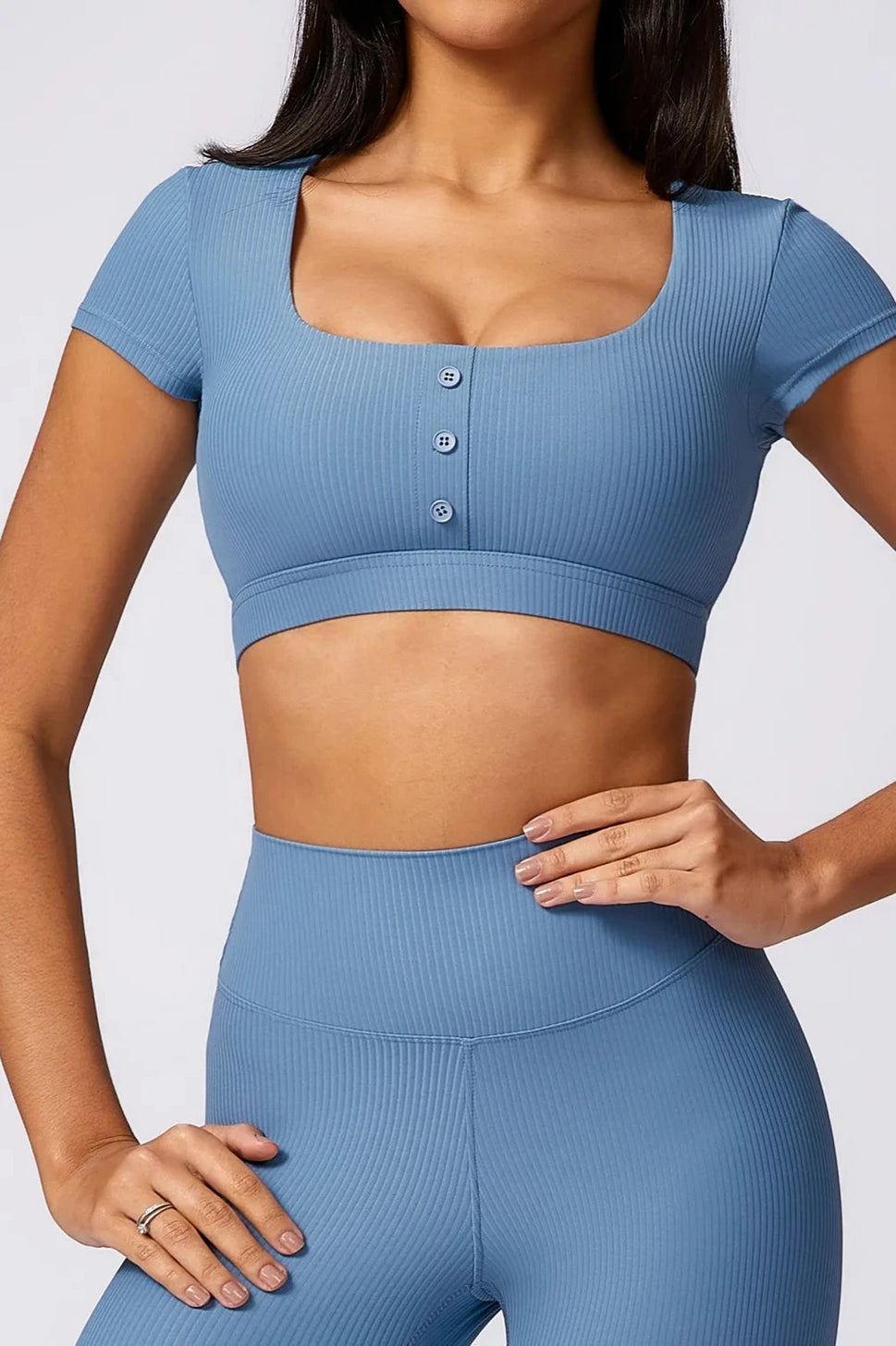 Ribbed Buttoned Yoga Crop TopBlue