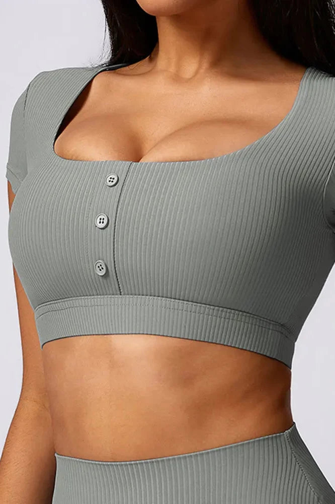 Ribbed Buttoned Yoga Crop Top