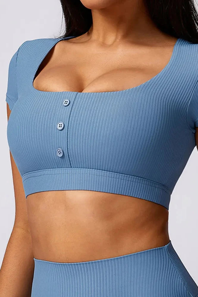 Ribbed Buttoned Yoga Crop Top