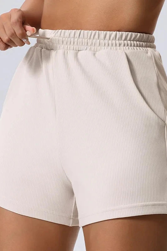High Waist Ribbed Yoga Shorts with PocketWhite / L