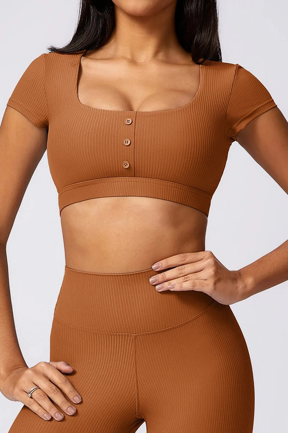 Ribbed Buttoned Yoga Crop TopBrown